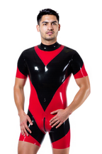 Joyglove Men's Glossy PU Leather Bodysuit – Bold Red and Black Color Block Design with Zip Front