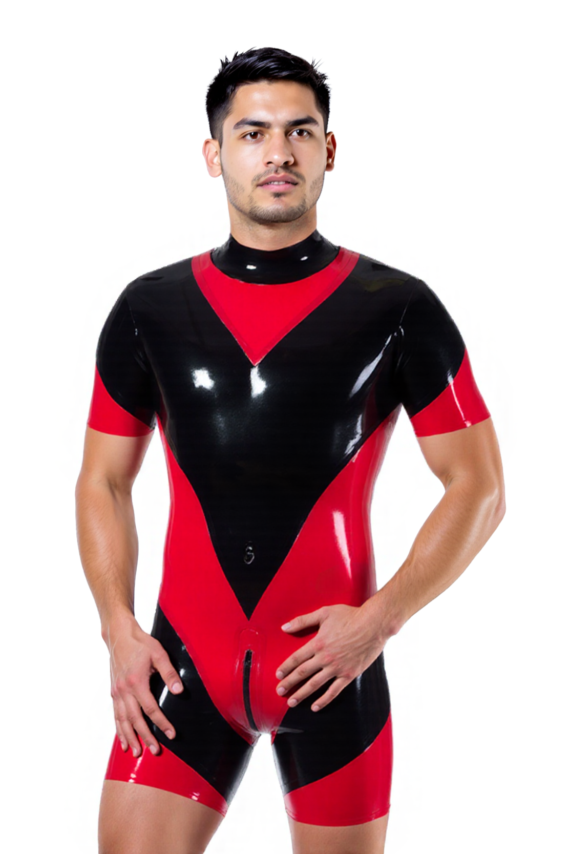 Joyglove Men's Glossy PU Leather Bodysuit – Bold Red and Black Color Block Design with Zip Front