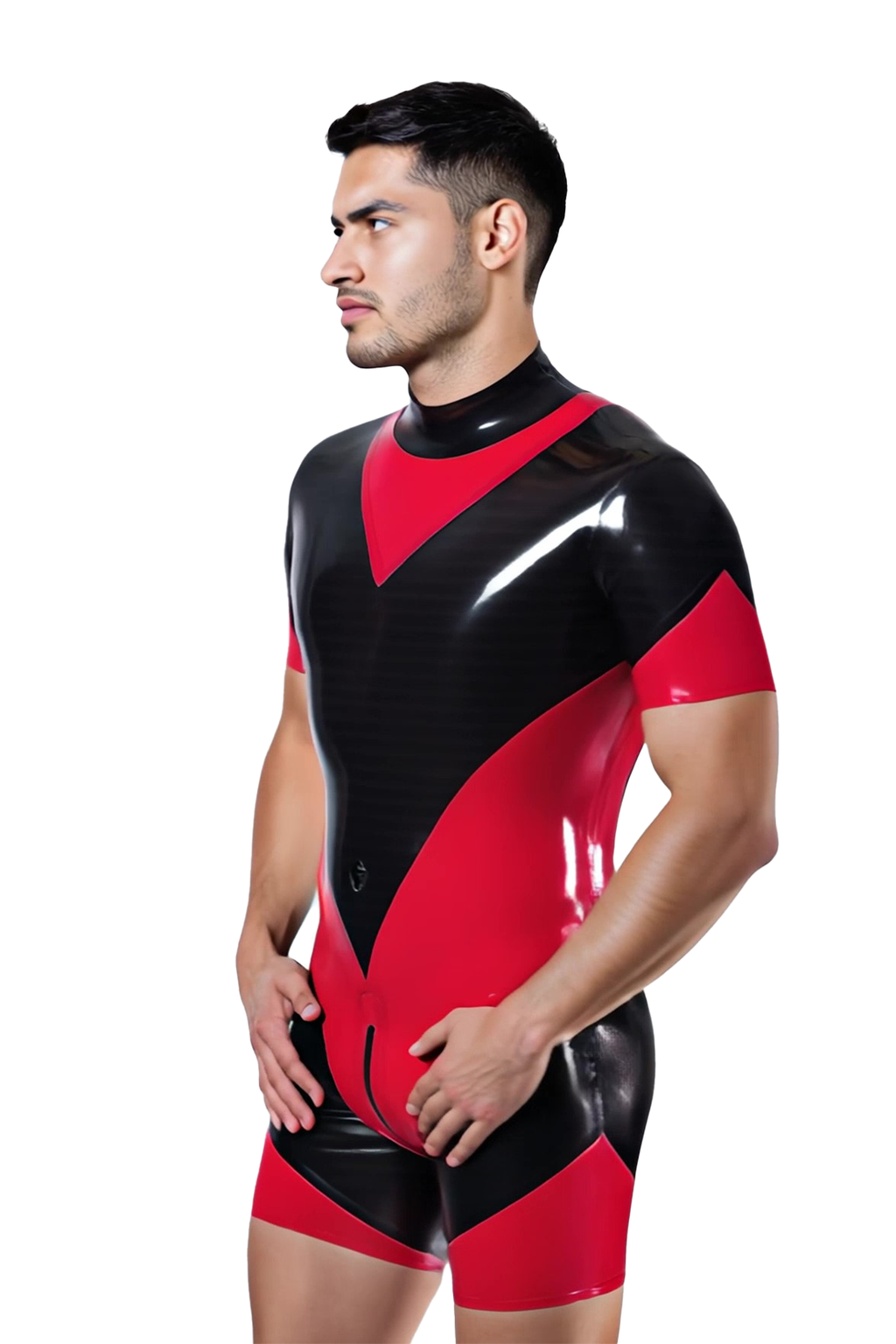 Joyglove Men's Glossy PU Leather Bodysuit – Bold Red and Black Color Block Design with Zip Front