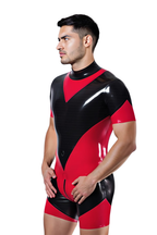 Joyglove Men's Glossy PU Leather Bodysuit – Bold Red and Black Color Block Design with Zip Front