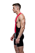 Joyglove Bold Red and Black PU Leather Bodysuit with Zipper Front