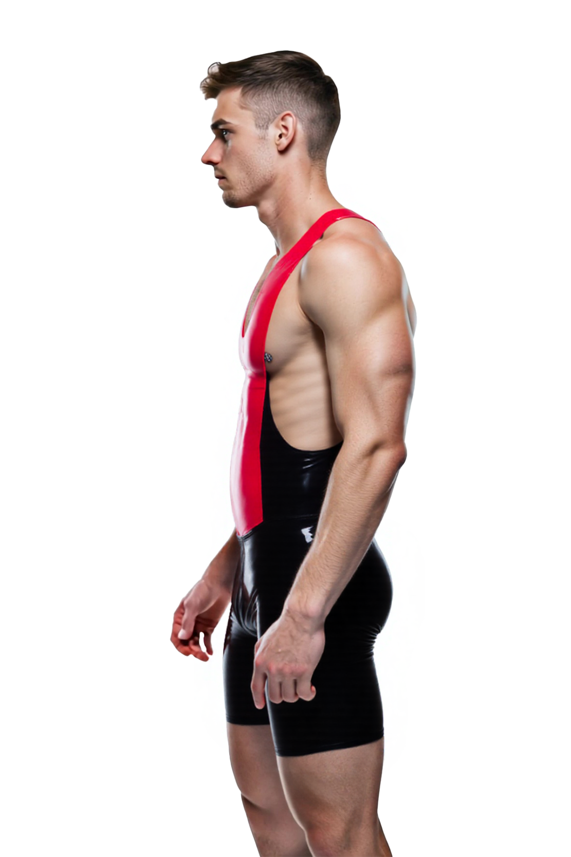 Joyglove Bold Red and Black PU Leather Bodysuit with Zipper Front