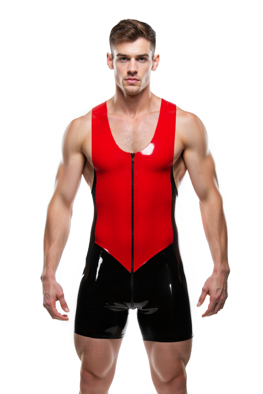 Joyglove Bold Red and Black PU Leather Bodysuit with Zipper Front