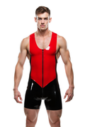 Joyglove Bold Red and Black PU Leather Bodysuit with Zipper Front