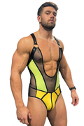 Joyglove Sheer Mesh Colorblock Singlet – Neon Green Panels + Yellow Pouch Front
