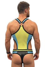 Joyglove Colorblock Open-Torso Harness Bodysuit – Blue/Lime Panels + Zip-Front Brief