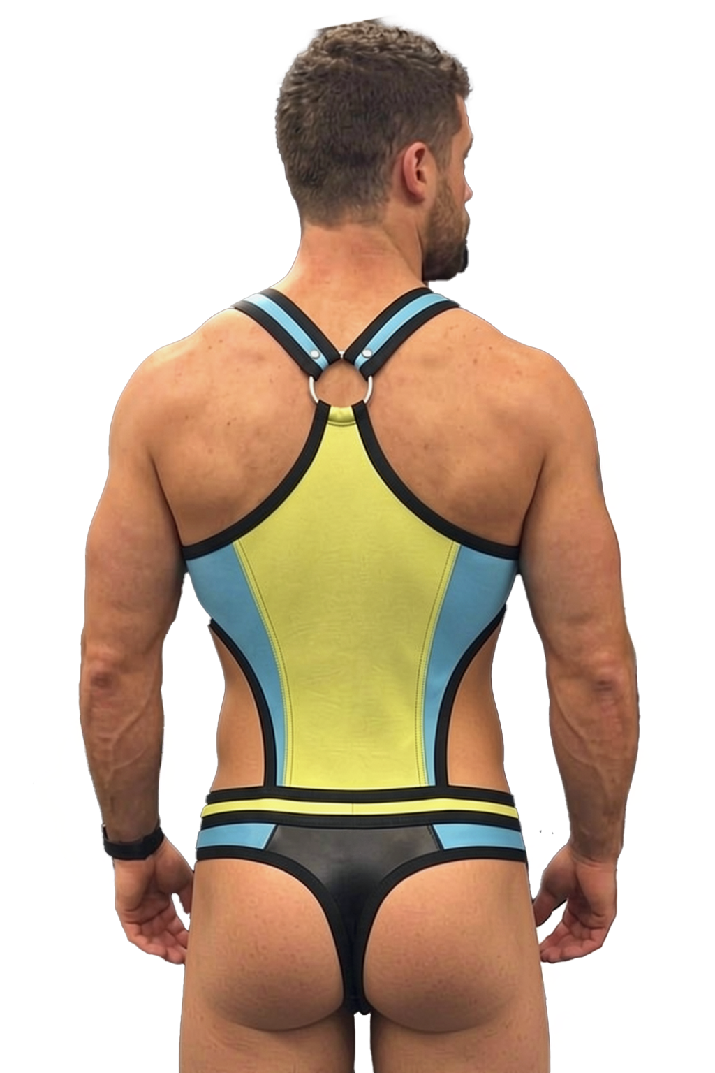 Joyglove Colorblock Open-Torso Harness Bodysuit – Blue/Lime Panels + Zip-Front Brief