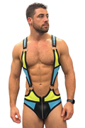 Joyglove Colorblock Open-Torso Harness Bodysuit – Blue/Lime Panels + Zip-Front Brief