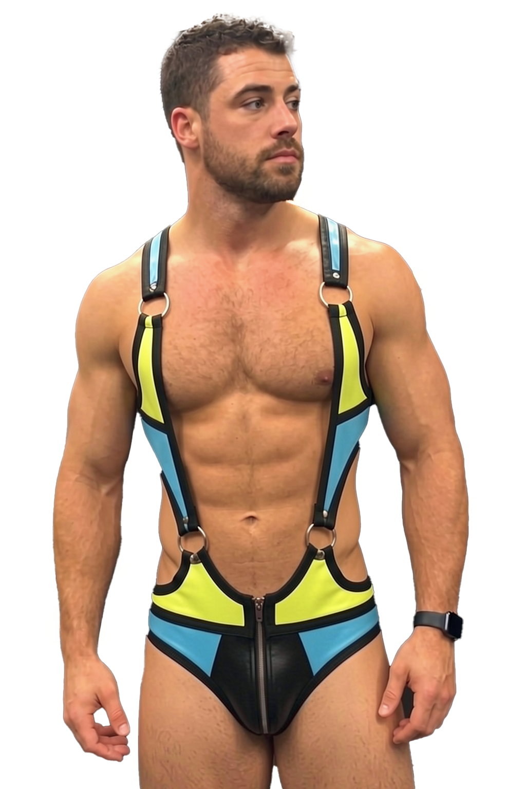 Joyglove Colorblock Open-Torso Harness Bodysuit – Blue/Lime Panels + Zip-Front Brief