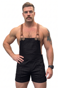 Joyglove Workwear-Inspired Overall Shorts – Black Fabric Bib + Brown Suspender Straps
