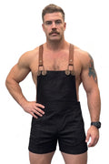 Joyglove Workwear-Inspired Overall Shorts | Black Bib with Bold Brown Suspender Straps