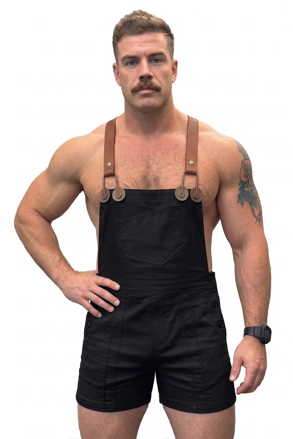 Joyglove Workwear-Inspired Overall Shorts | Black Bib with Bold Brown Suspender Straps
