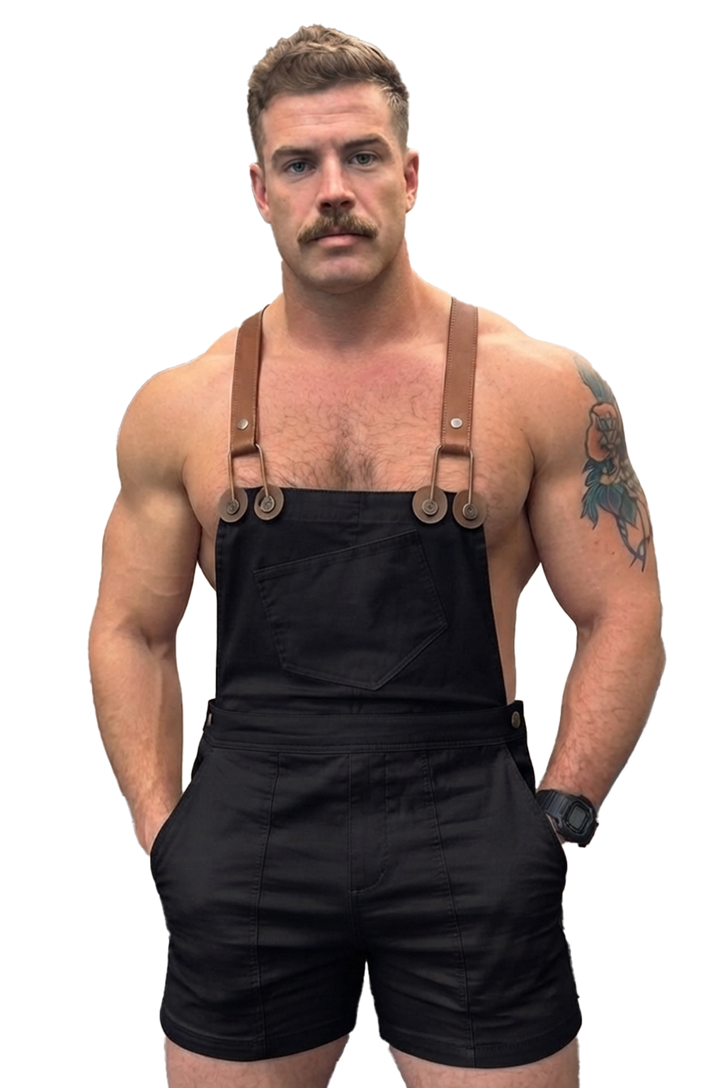 Joyglove Workwear-Inspired Overall Shorts – Black Fabric Bib + Brown Suspender Straps