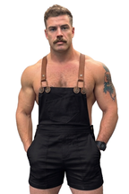 Joyglove Workwear-Inspired Overall Shorts – Black Fabric Bib + Brown Suspender Straps