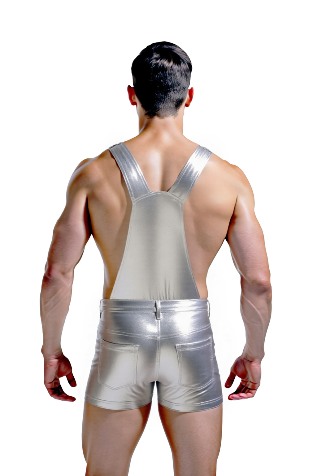 Joyglove Metallic Short Overalls – Shimmering Silver One-Piece with Adjustable Straps