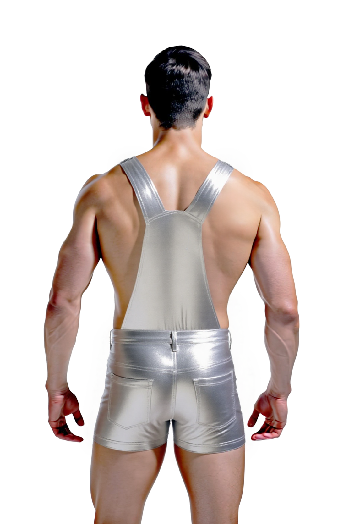 Joyglove Metallic Short Overalls – Shimmering Silver One-Piece with Adjustable Straps
