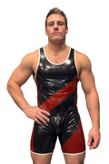 Joyglove PU Leather Gloss Singlet – Black/Red Diagonal Stripe + Open-Seat Back
