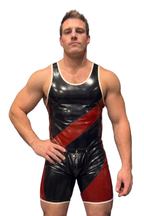 Joyglove PU Leather Gloss Singlet – Black/Red Diagonal Stripe + Open-Seat Back