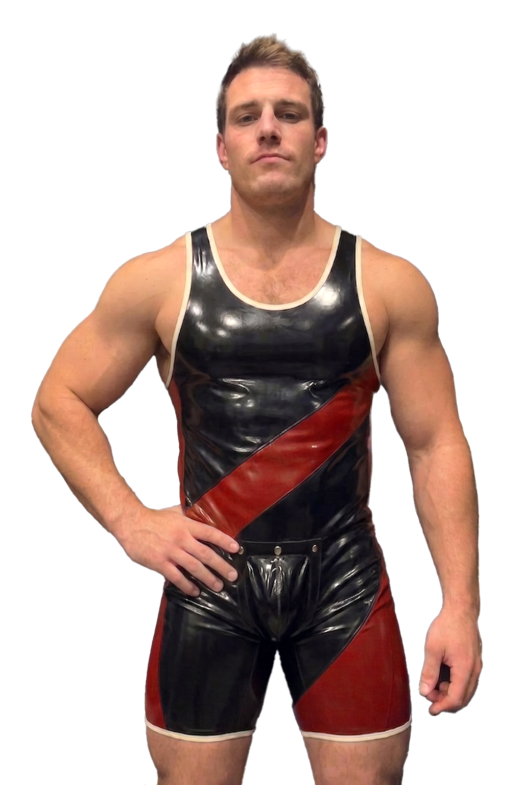 Joyglove PU Leather Gloss Singlet – Black/Red Diagonal Stripe + Open-Seat Back