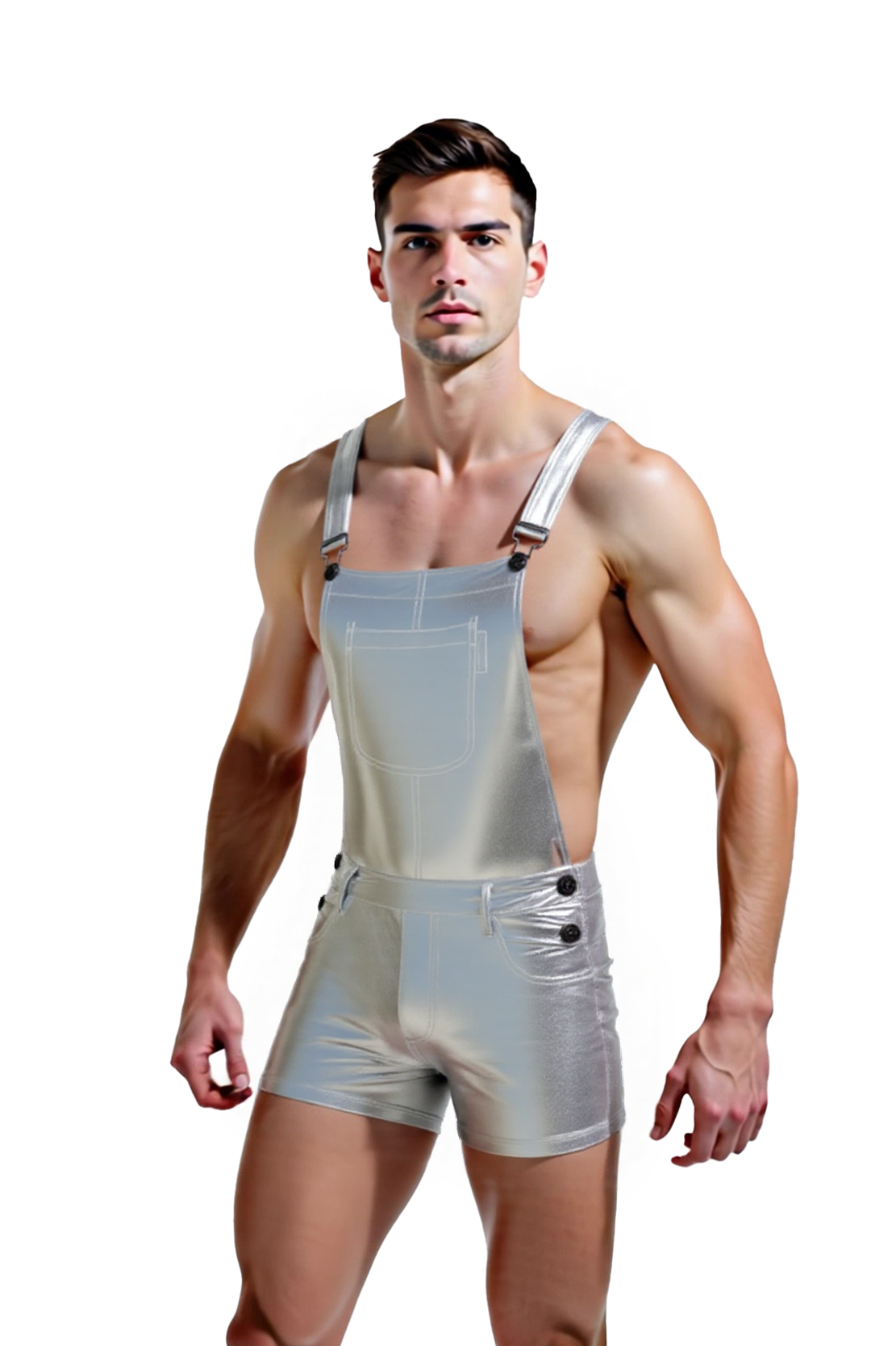 Joyglove Metallic Short Overalls – Shimmering Silver One-Piece with Adjustable Straps