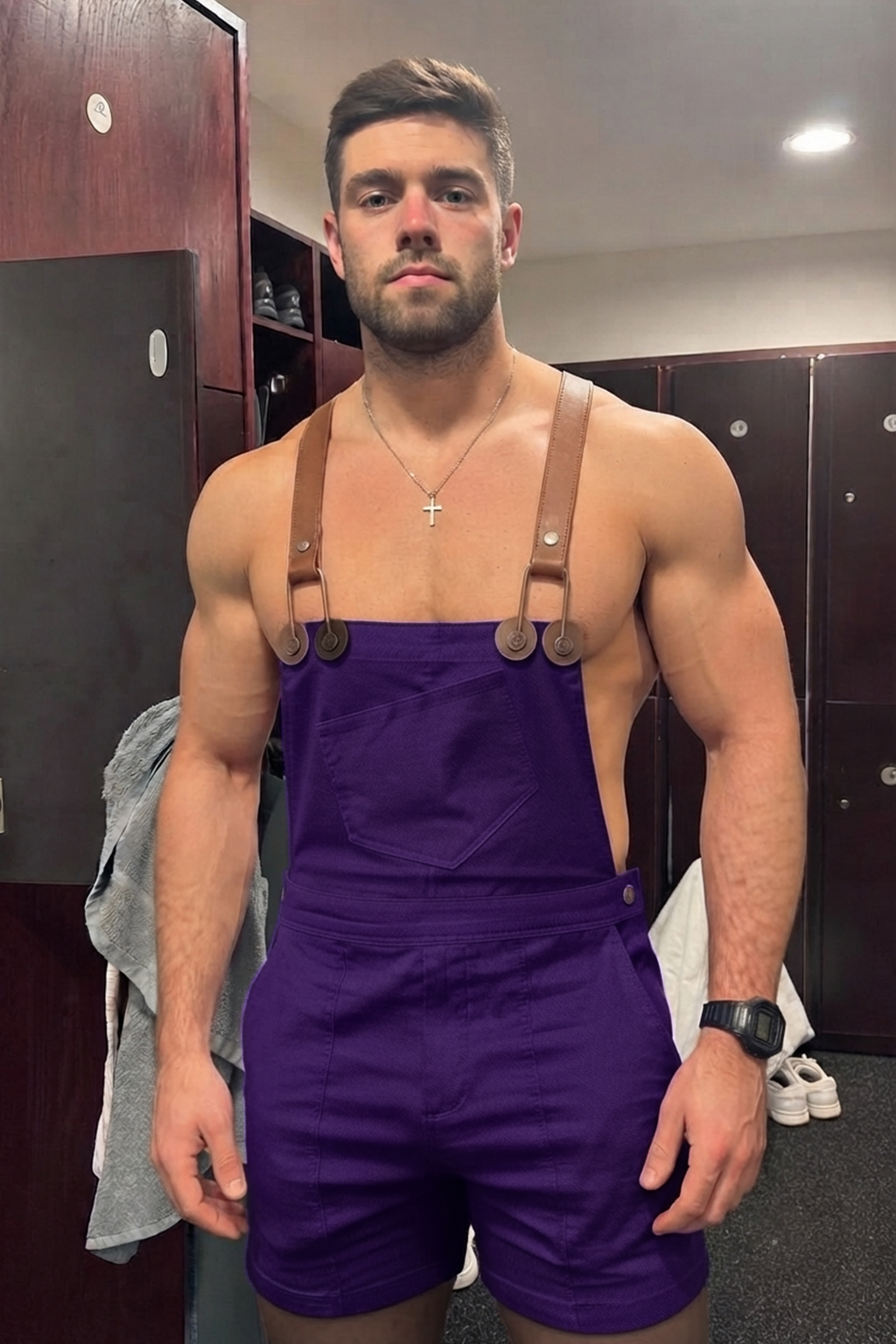 Joyglove Workwear-Inspired Overall Shorts – Black Fabric Bib + Brown Suspender Straps