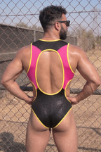 Joyglove Neon Cutout Zip Singlet — Gloss Black & Hot Pink