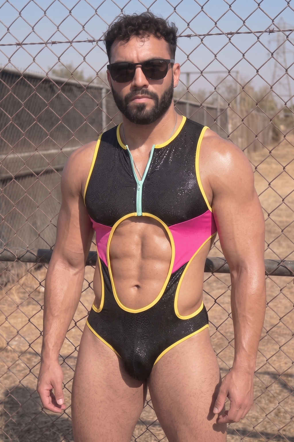 Joyglove Neon Cutout Zip Singlet — Gloss Black & Hot Pink