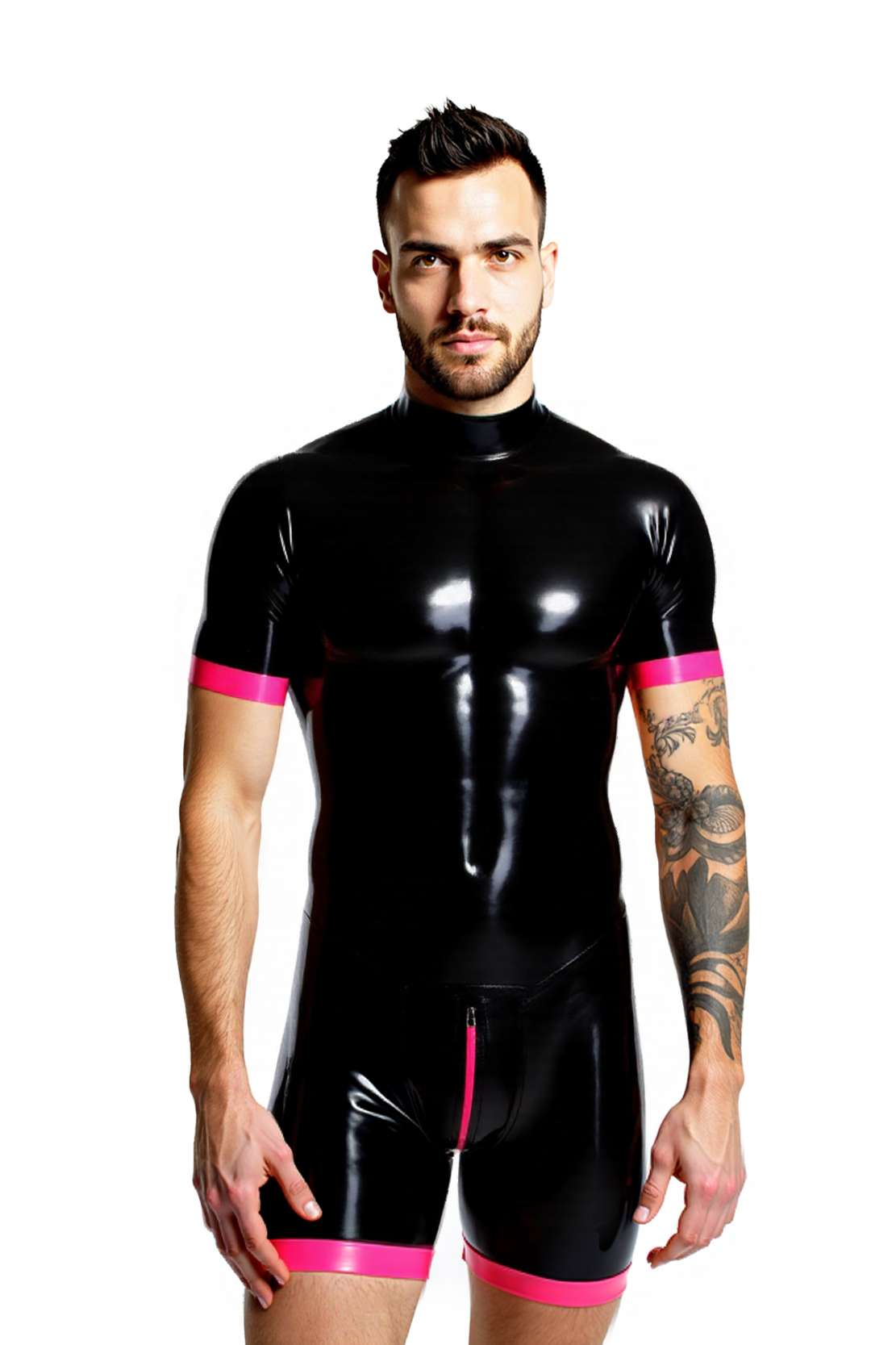 Joyglove Men's PU Leather Short Catsuit – Glossy Black with Hot Pink Edges