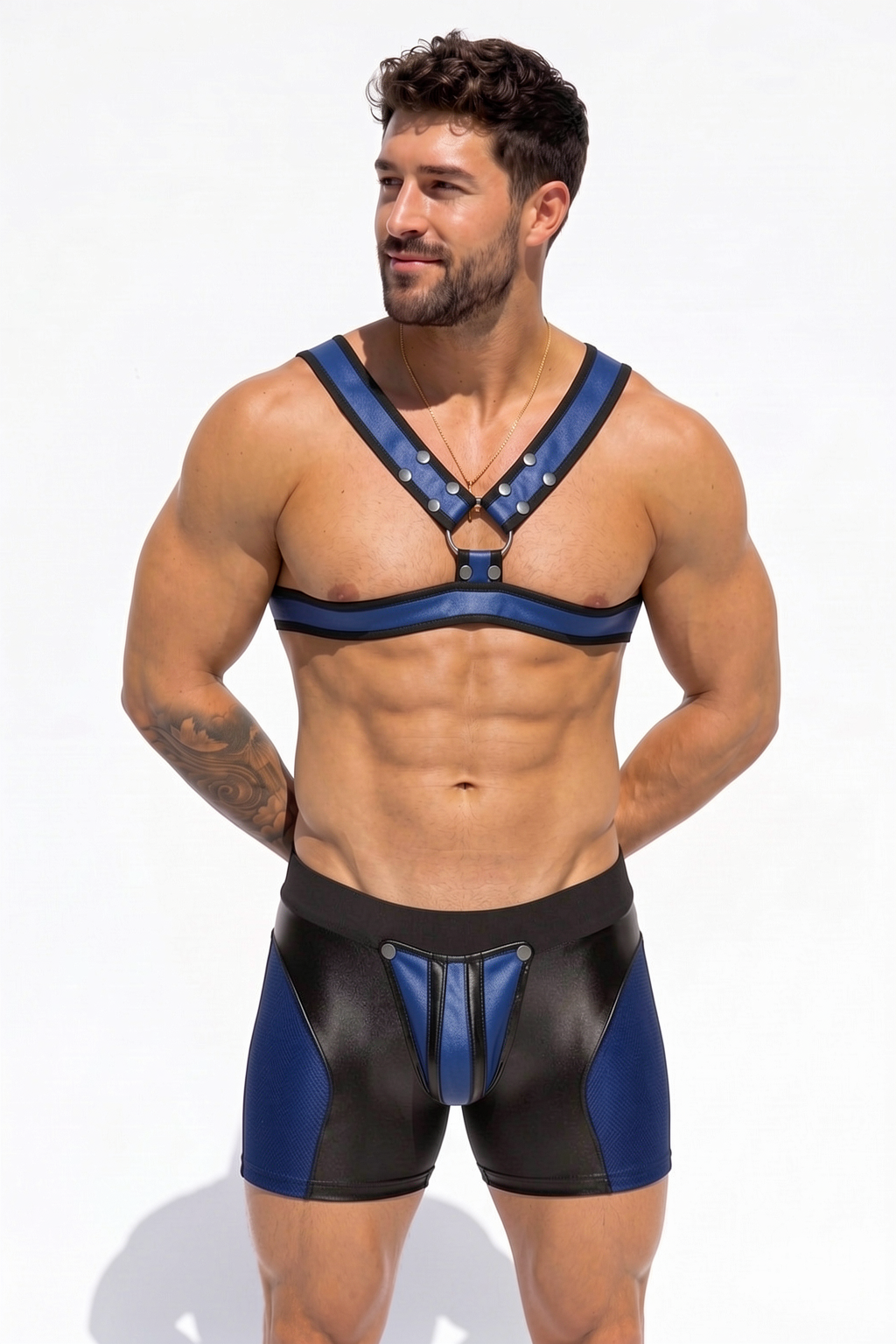 Joyglove Blue & Black PU Leather Studded Harness Set — Ring Front, Power Fit Shorts