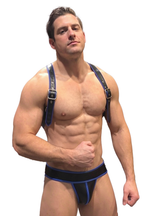 Joyglove Black & Blue PU Leather Harness Jock Set — X-Back Straps, Buckle Front