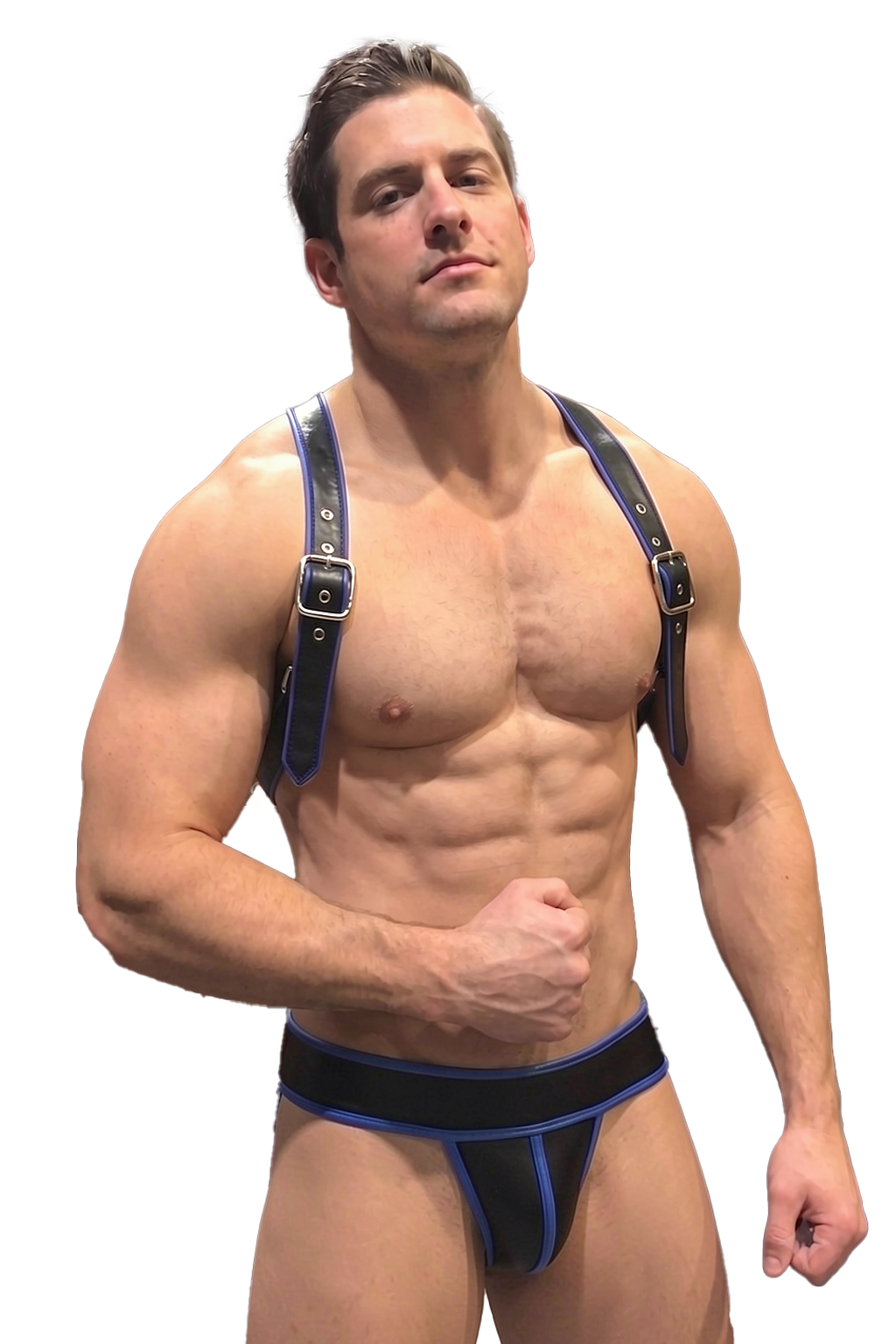 Joyglove Black & Blue PU Leather Harness Jock Set — X-Back Straps, Buckle Front