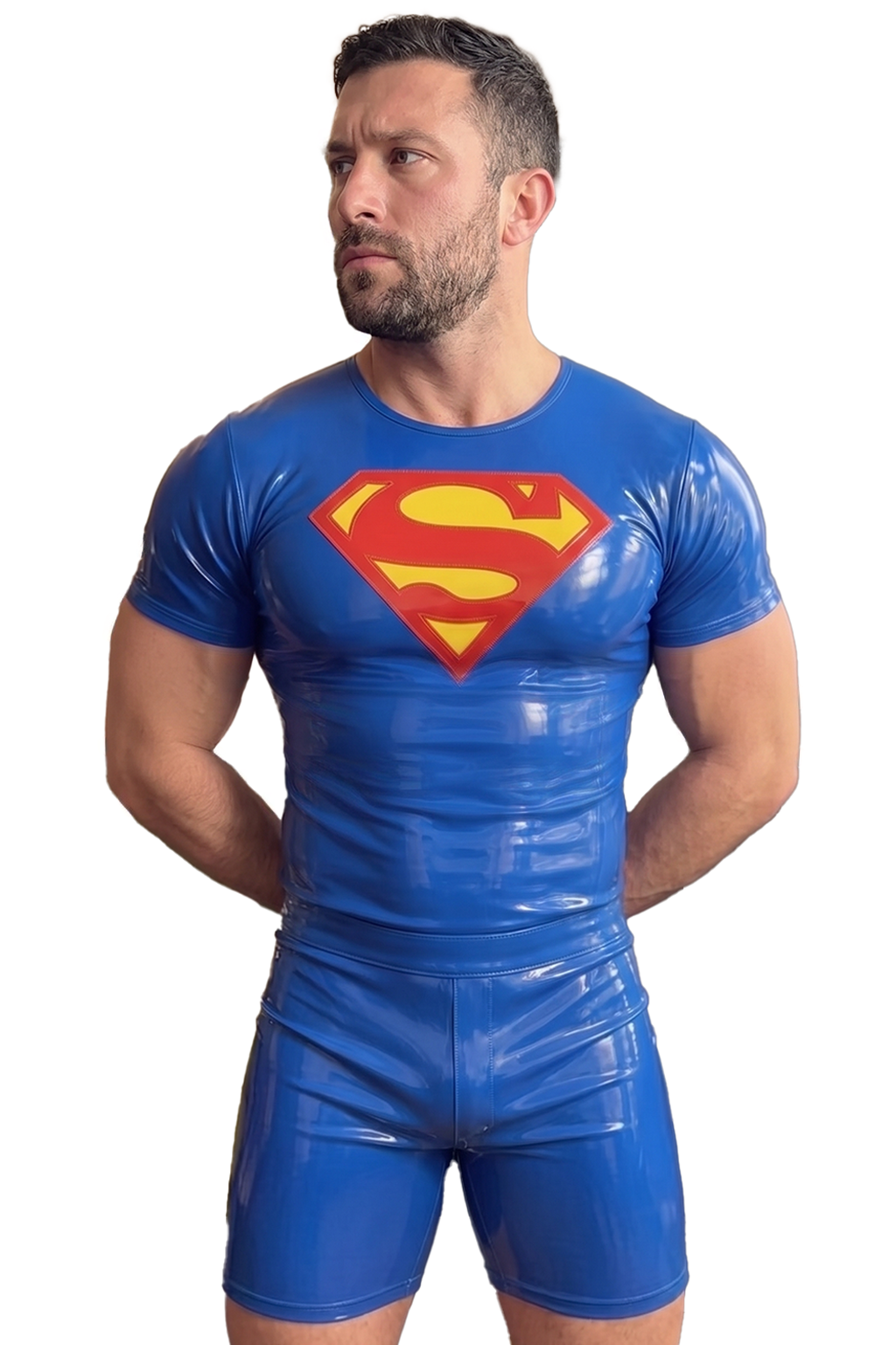 Joyglove Superhero-Inspired Gloss Blue One-Piece Set — Logo Singlet Bodysuit