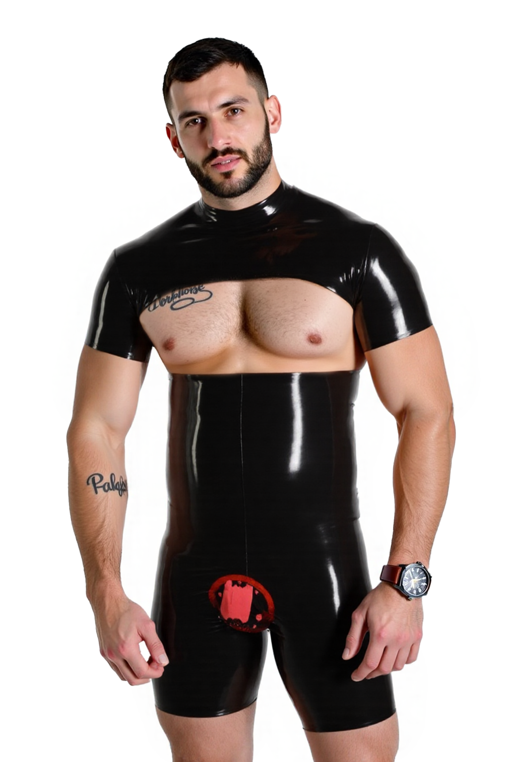 Joyglove Men's Shiny PU Leather Bodysuit – Bold Open-Back Cutout & High-Neck Design