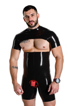 Joyglove Men's Shiny PU Leather Bodysuit – Bold Open-Back Cutout & High-Neck Design