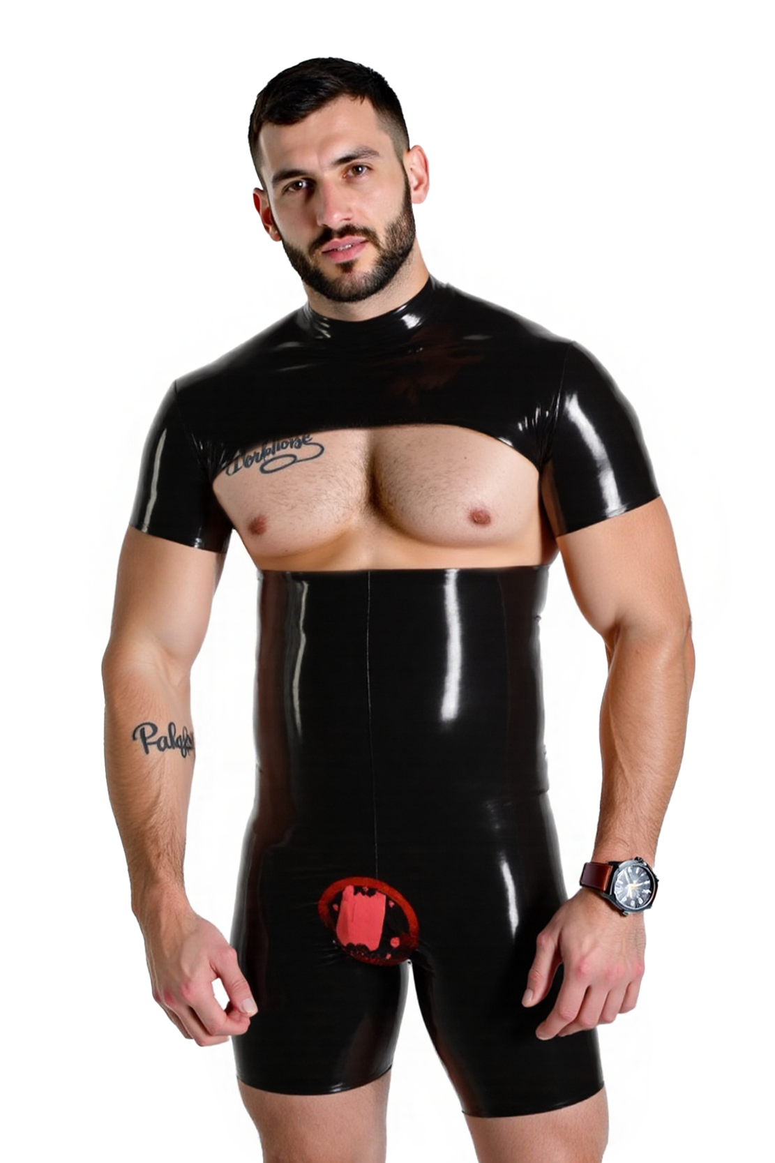 Joyglove Men's Shiny PU Leather Bodysuit – Bold Open-Back Cutout & High-Neck Design