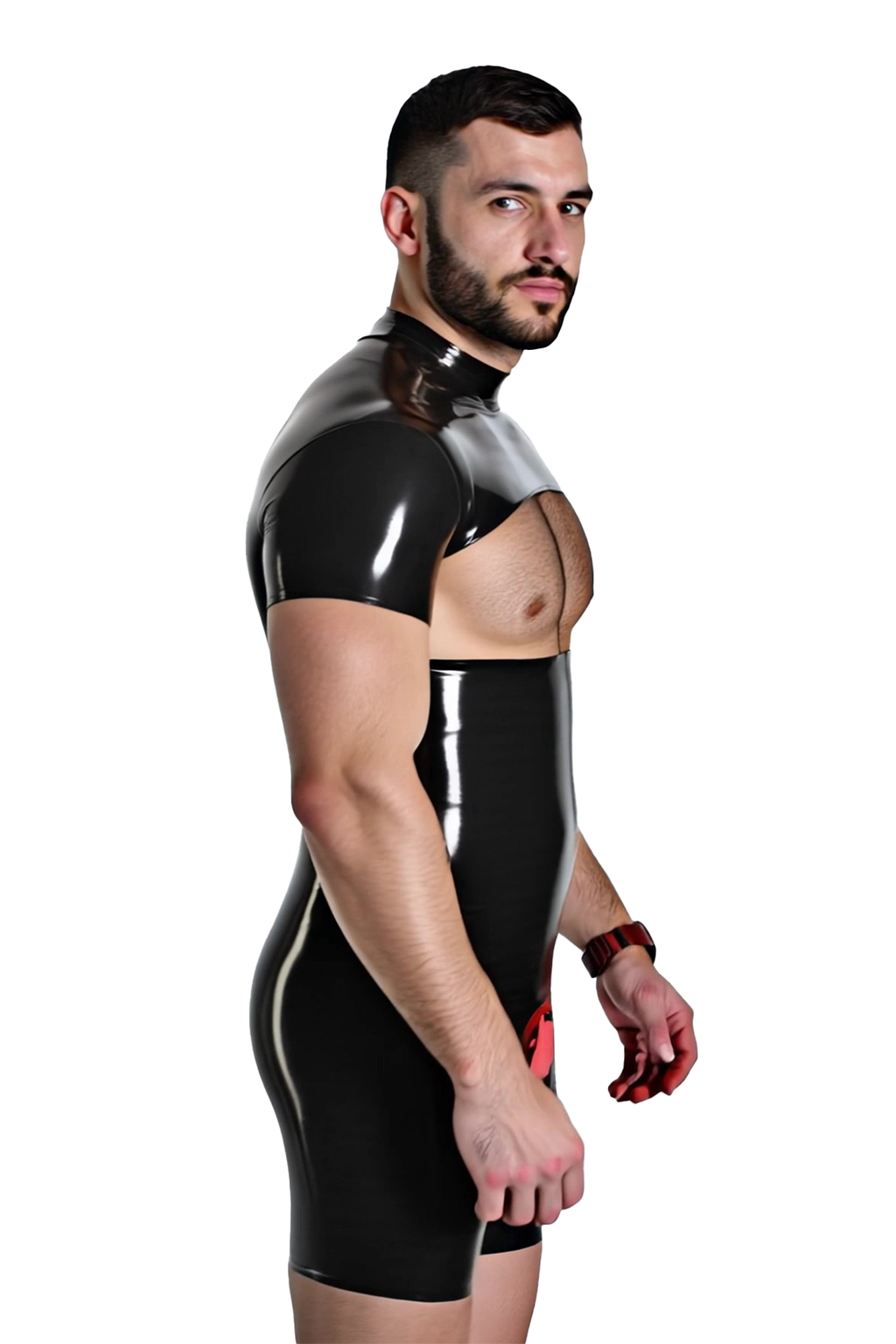 Joyglove Men's Shiny PU Leather Bodysuit – Bold Open-Back Cutout & High-Neck Design