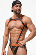 Joyglove Black & Orange PU Leather Harness Jockstrap Set, Open-Chest Straps