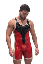 Joyglove PU Leather Colorblock Wrestling Singlet with Open-Back Cutout
