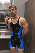Joyglove Glossy PU Leather Blue/Black Colorblock Wrestling Singlet with Racerback