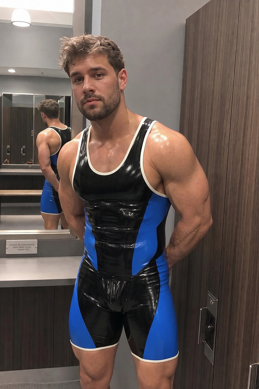 Joyglove Glossy PU Leather Blue/Black Colorblock Wrestling Singlet with Racerback