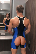 Joyglove Glossy PU Leather Blue/Black Colorblock Wrestling Singlet with Racerback