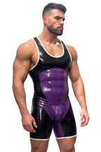Joyglove Glossy PU Leather Black/Purple Colorblock Wrestling Singlet with Racerback