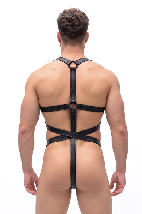 Joyglove Black PU Leather Cross-Chest Harness Jockstrap Set for Men