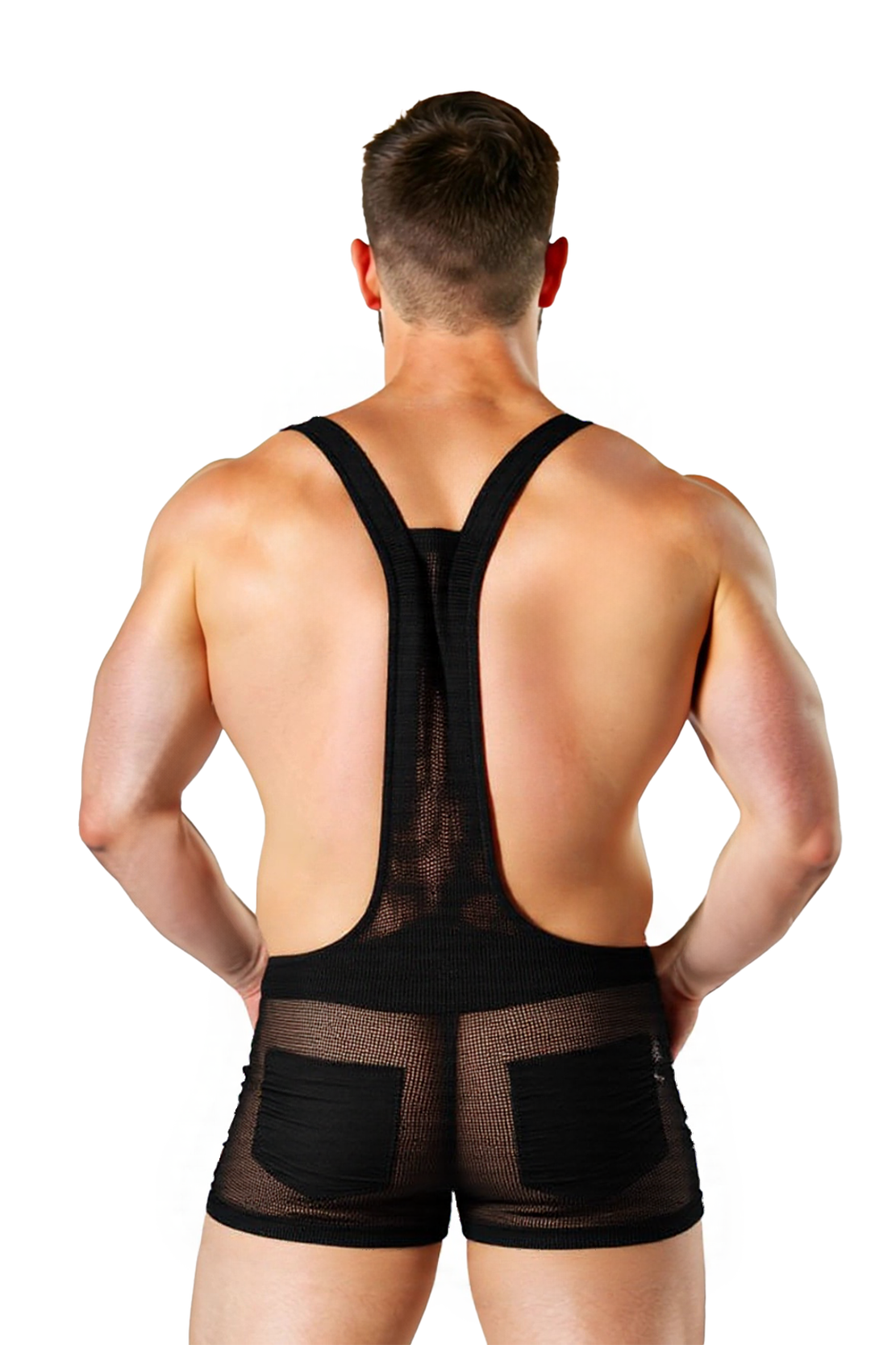 Joyglove Men's Sheer Mesh Overalls – Ultra-Short Bodysuit with Zipper Pocket