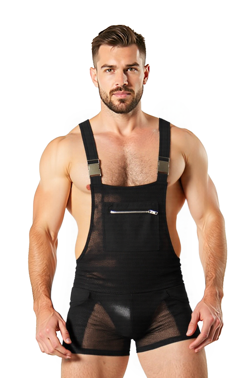 Joyglove Men's Sheer Mesh Overalls – Ultra-Short Bodysuit with Zipper Pocket