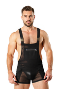 Joyglove Men's Sheer Mesh Overalls – Ultra-Short Bodysuit with Zipper Pocket