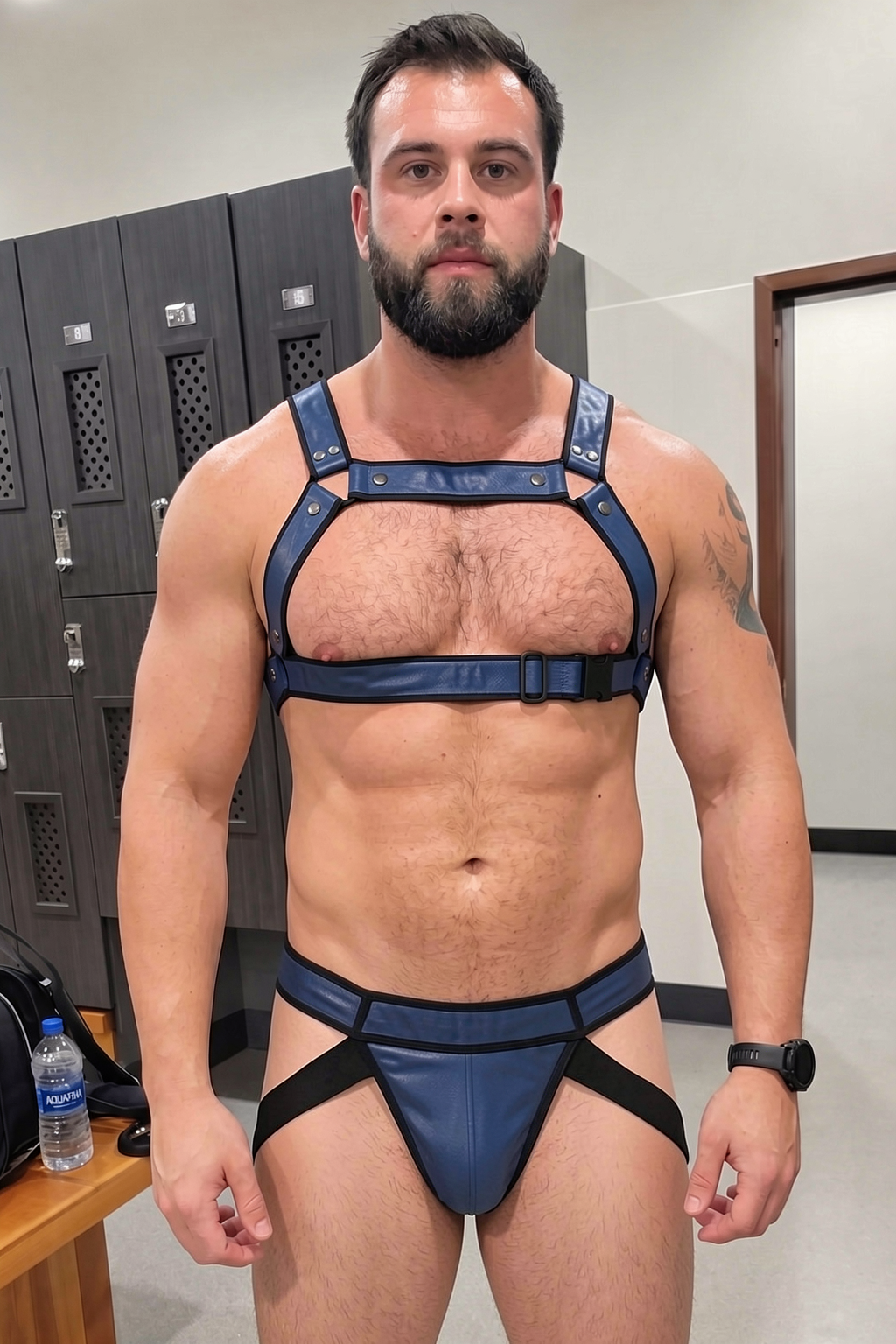 Joyglove Navy PU Leather Chest Harness & Jockstrap Set with X-Back Detail