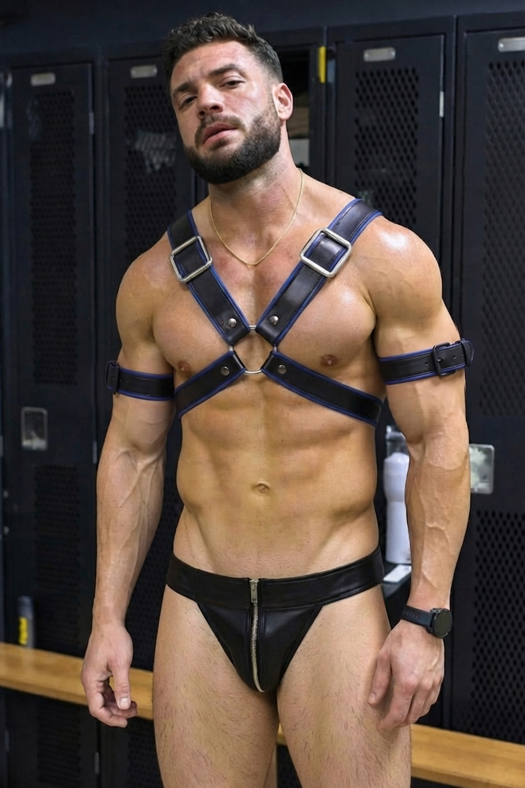 Joyglove Army Green PU Leather X‑Back Harness & Zipper Pouch Brief Set