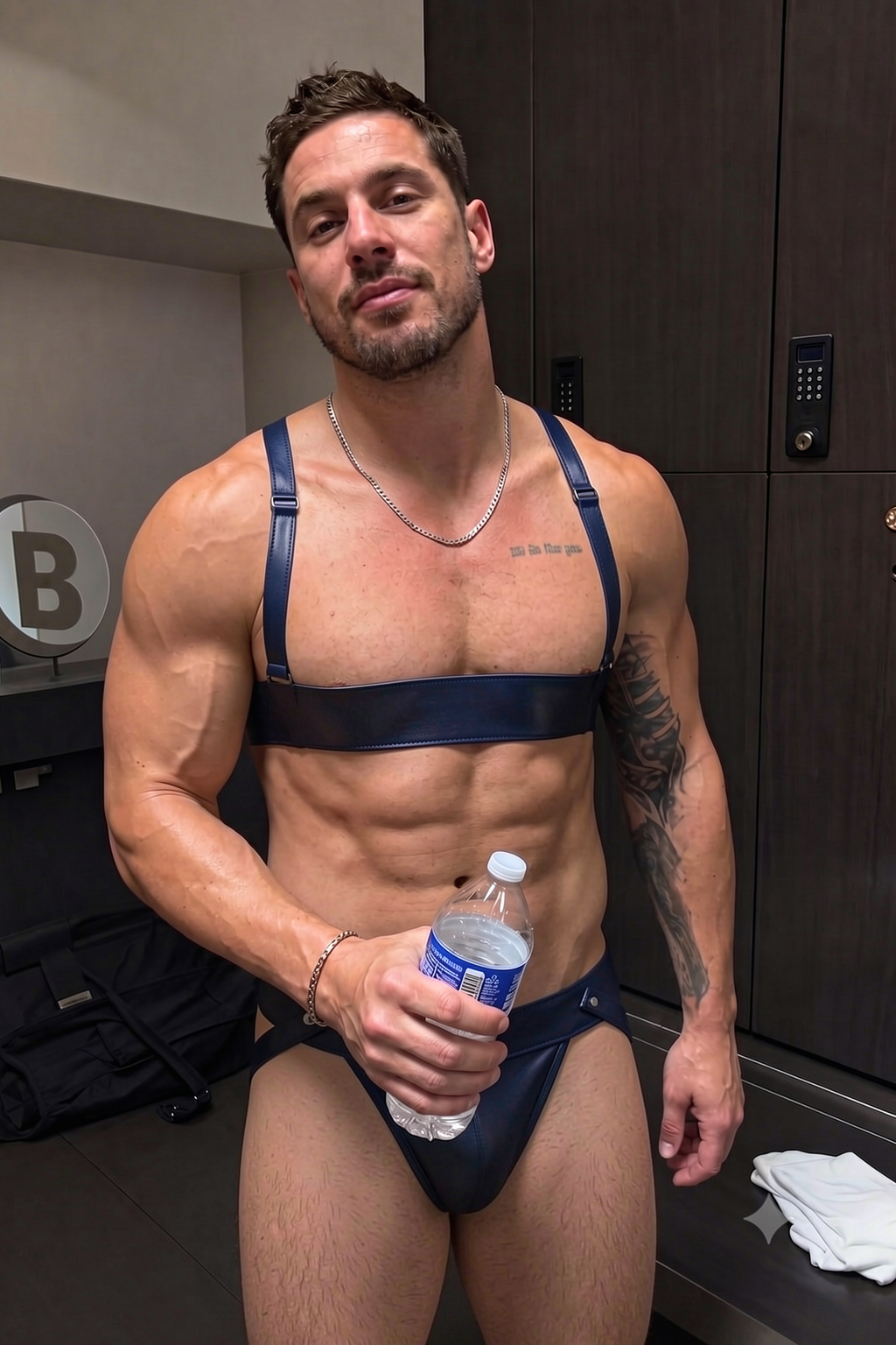 Joyglove Navy PU Leather Minimal Chest Harness & Jockstrap Set for Men