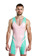 Joyglove Men's High-Gloss PU Leather V-Neck Singlet - Dynamic Color Block Bodysuit